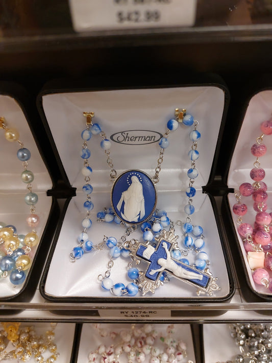 BLUE AND WHITE BEADED ROSARY