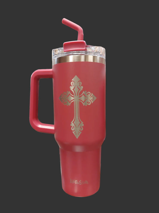 PINK CROSS TUMBLER WITH STRAW
